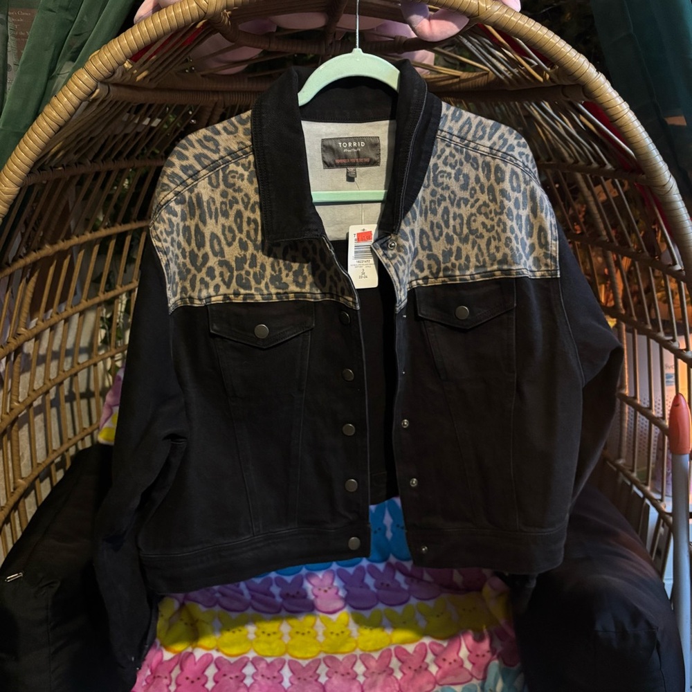 Torrid Black and leopard denim crop jacket
